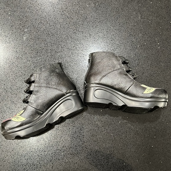 Black Leather Wedge Mary Jane Booties with Red Stitched Flowers and Green Leaves - Picture 8 of 11